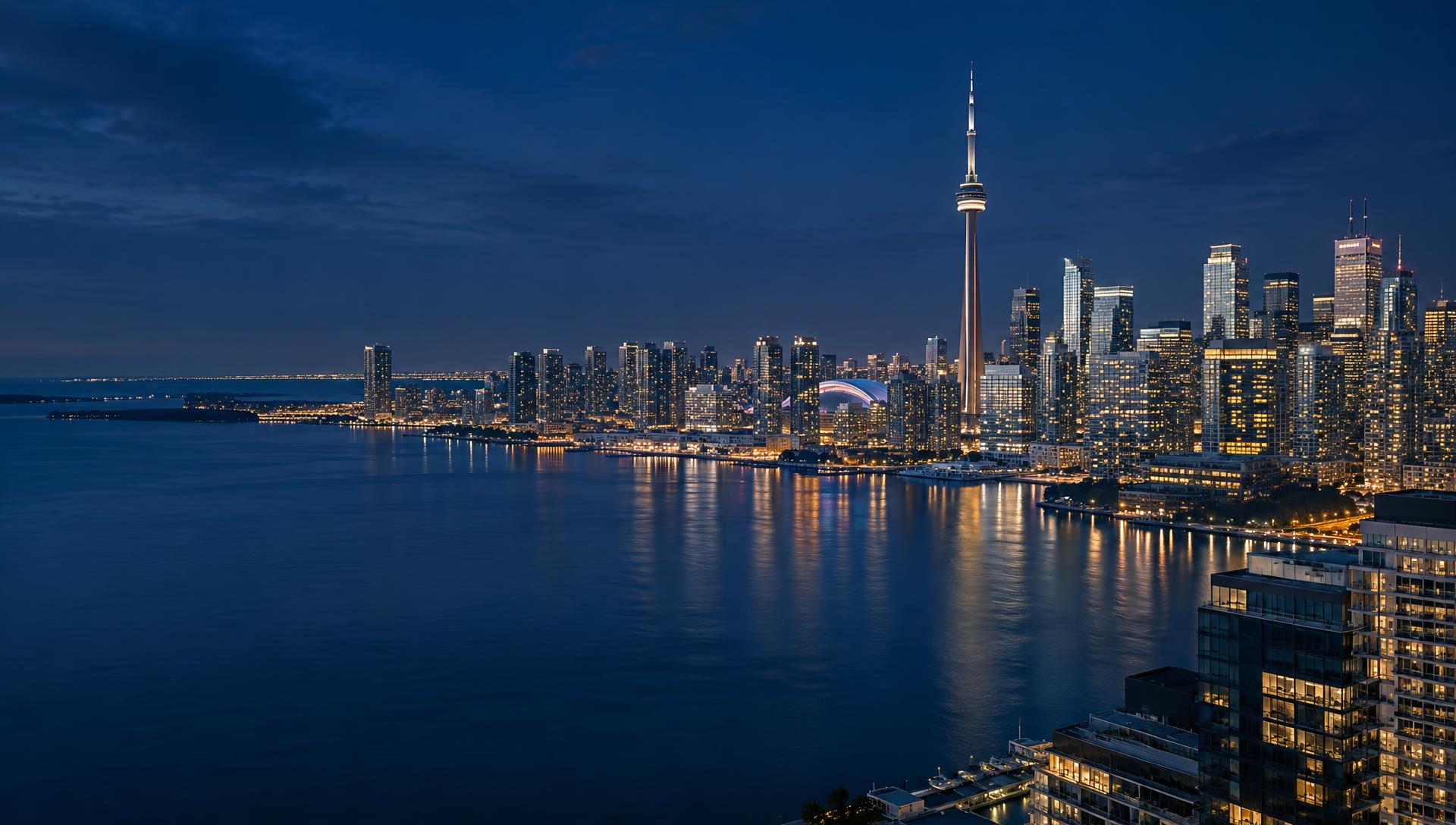 Toronto skyline and CN Tower at blue hour